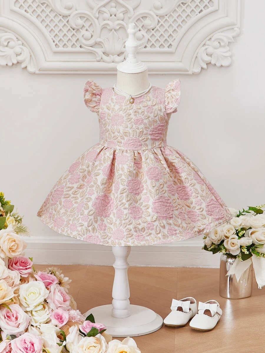 SHEIN Baby Girl Floral Jacquard Ruffle Trim Dress - Multicolor - View 1