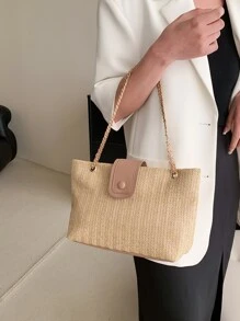 編織鏈帶手提袋 - 卡其色 - 查看 2