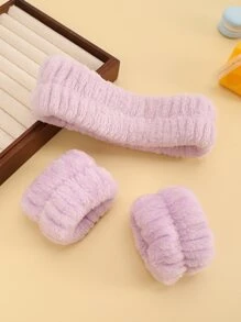 3pcs/set Solid Color Bath Headband & Bath Wrist Band, Simple Polyester Bath Headband Set For Bathroom - Mauve Purple - View 1