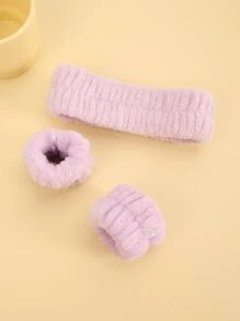 3pcs/set Solid Color Bath Headband & Bath Wrist Band, Simple Polyester Bath Headband Set For Bathroom - Mauve Purple - View 2