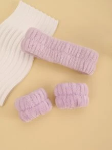 3pcs/set Solid Color Bath Headband & Bath Wrist Band, Simple Polyester Bath Headband Set For Bathroom - Mauve Purple - View 4