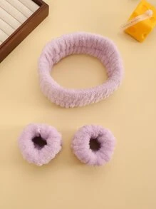 3pcs/set Solid Color Bath Headband & Bath Wrist Band, Simple Polyester Bath Headband Set For Bathroom - Mauve Purple - View 6
