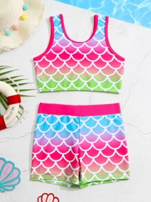 Young Girl Fish Scales & Ombre Print Shorts Bikini Set Summer Beach - Multicolor - View 1