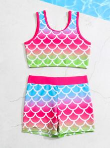 Young Girl Fish Scales & Ombre Print Shorts Bikini Set Summer Beach - Multicolor - View 5