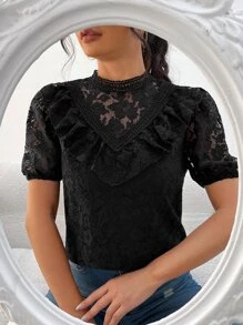 SHEIN Frenchy Top de cuello alto ribete con fruncido con encaje - Negro - Ver 1