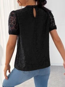 SHEIN Frenchy Top de cuello alto ribete con fruncido con encaje - Negro - Ver 2