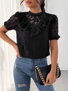 SHEIN Frenchy Top de cuello alto ribete con fruncido con encaje - Negro - Ver 3