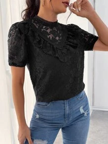 SHEIN Frenchy Top de cuello alto ribete con fruncido con encaje - Negro - Ver 4