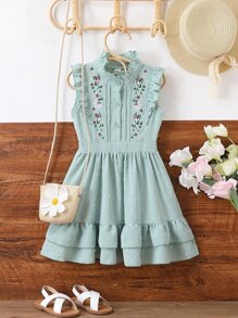 小女童花卉刺繡荷葉邊洋裝 - 綠色 - 查看 1