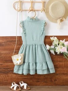 小女童花卉刺繡荷葉邊洋裝 - 綠色 - 查看 2