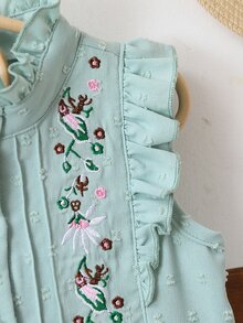 小女童花卉刺繡荷葉邊洋裝 - 綠色 - 查看 4