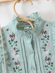 小女童花卉刺繡荷葉邊洋裝 - 綠色 - 查看 5