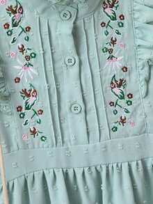 小女童花卉刺繡荷葉邊洋裝 - 綠色 - 查看 6