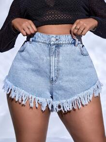 SHEIN SXY Plus High Waist Fringe Hem Denim Shorts - Light Wash - View 1