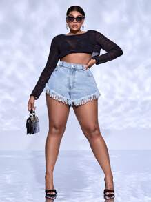 SHEIN SXY Plus High Waist Fringe Hem Denim Shorts - Light Wash - View 3