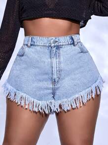 SHEIN SXY Plus High Waist Fringe Hem Denim Shorts - Light Wash - View 4