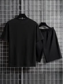 Manfinity Homme 男士字母短袖 T 恤和抽绳腰短裤，外出 - 黑色 - 查看 2