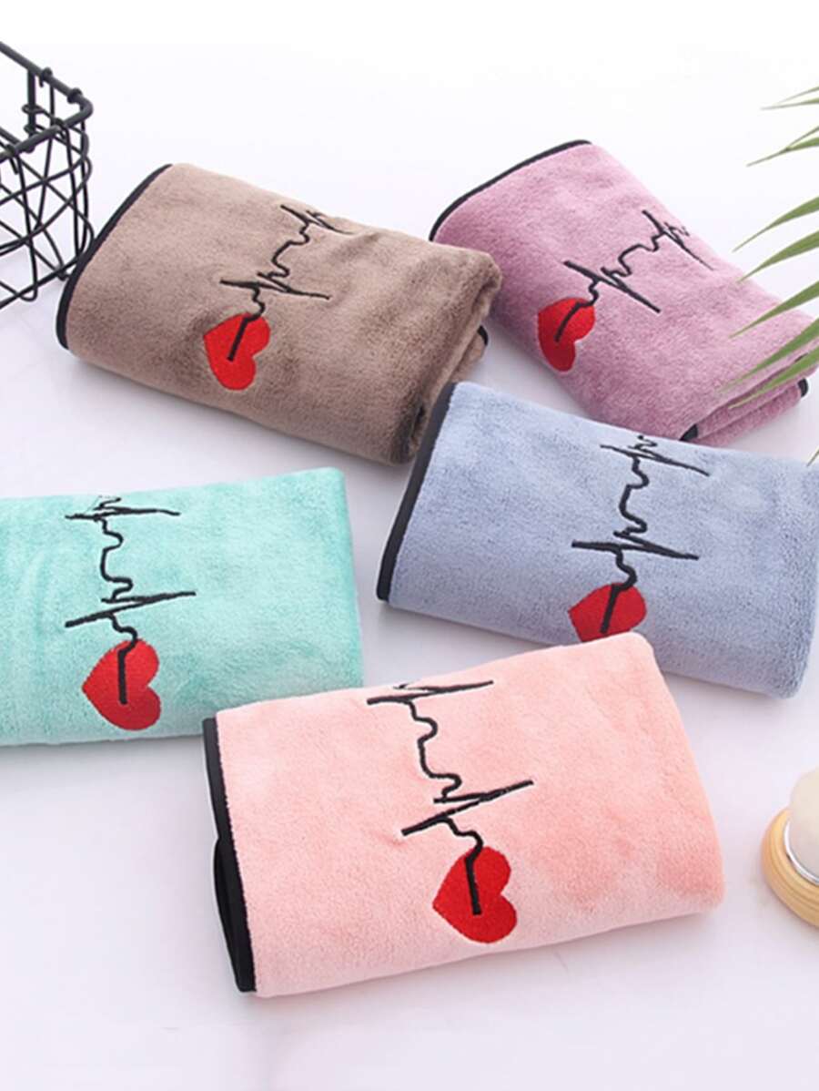 1pc Heart & ECG Embroidery Random Color Bath Towel, Polyester Contrast Binding Bath Towel For Couple Wedding Gift - Multicolor - View 1