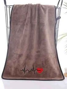 1pc Heart & ECG Embroidery Random Color Bath Towel, Polyester Contrast Binding Bath Towel For Couple Wedding Gift - Multicolor - View 4
