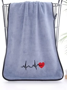 1pc Heart & ECG Embroidery Random Color Bath Towel, Polyester Contrast Binding Bath Towel For Couple Wedding Gift - Multicolor - View 5