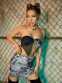 SHEIN ICON 眼睛圖案不對稱下擺網紗抹胸上衣和包臀半身裙 - 黑色 - 查看 7