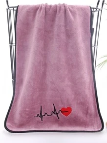 1pc Heart & ECG Embroidery Random Color Bath Towel, Polyester Contrast Binding Bath Towel For Couple Wedding Gift - Multicolor - View 6