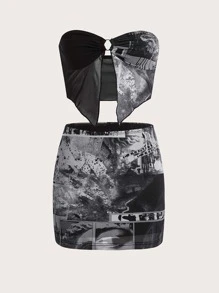 SHEIN ICON 眼睛圖案不對稱下擺網紗抹胸上衣和包臀半身裙 - 黑色 - 查看 1