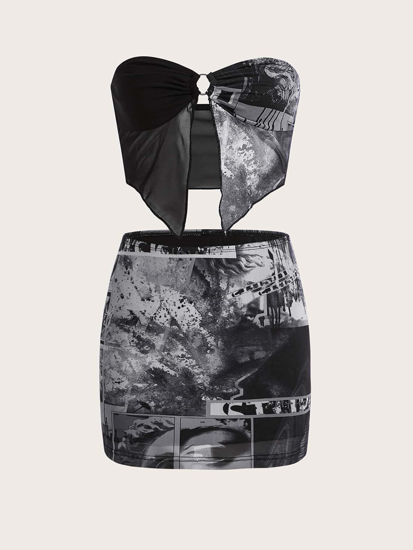 SHEIN ICON 眼睛圖案不對稱下擺網紗抹胸上衣和包臀半身裙 - 黑色 - 查看 1