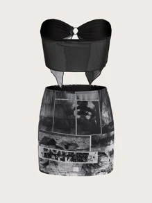 SHEIN ICON 眼睛圖案不對稱下擺網紗抹胸上衣和包臀半身裙 - 黑色 - 查看 2