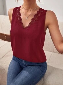 SHEIN Frenchy Contrast Embroidery Mesh Trim V Neck Tie Back Blouse Summer Elegant Burgundy Christmas Red - Burgundy - View 1