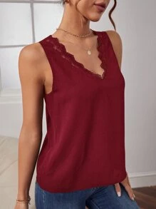 SHEIN Frenchy Contrast Embroidery Mesh Trim V Neck Tie Back Blouse Summer Elegant Burgundy Christmas Red - Burgundy - View 3