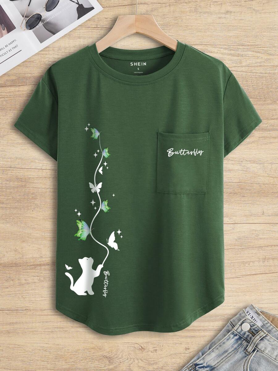 SHEIN LUNE Áo thun nữ Túi Hoa Lá thư Giải trí - Màu xanh lá cây đậm - Xem 1