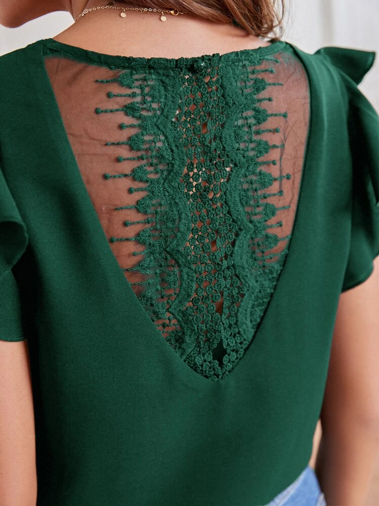 SHEIN Frenchy เสื้อเบลาส์ เย็บปะติดปะต่อกันแบบตาข่าย นัวเนีย - สีเขียวเข้ม - ดู 3