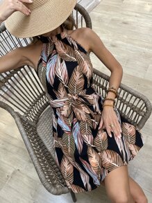SHEIN VCAY Tropical Print Belted Halter Dress - Multicolor - View 1