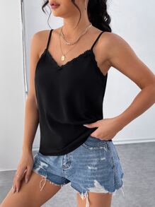 SHEIN Frenchy Lace Trim Cami Top - Black - View 3