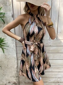 SHEIN VCAY Tropical Print Belted Halter Dress - Multicolor - View 5