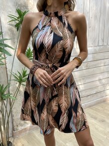 SHEIN VCAY Tropical Print Belted Halter Dress - Multicolor - View 6