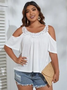SHEIN VCAY Áo thun Plus size Tương phản ren màu trơn Giải trí - trắng - Xem 1