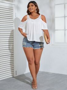 SHEIN VCAY Áo thun Plus size Tương phản ren màu trơn Giải trí - trắng - Xem 4