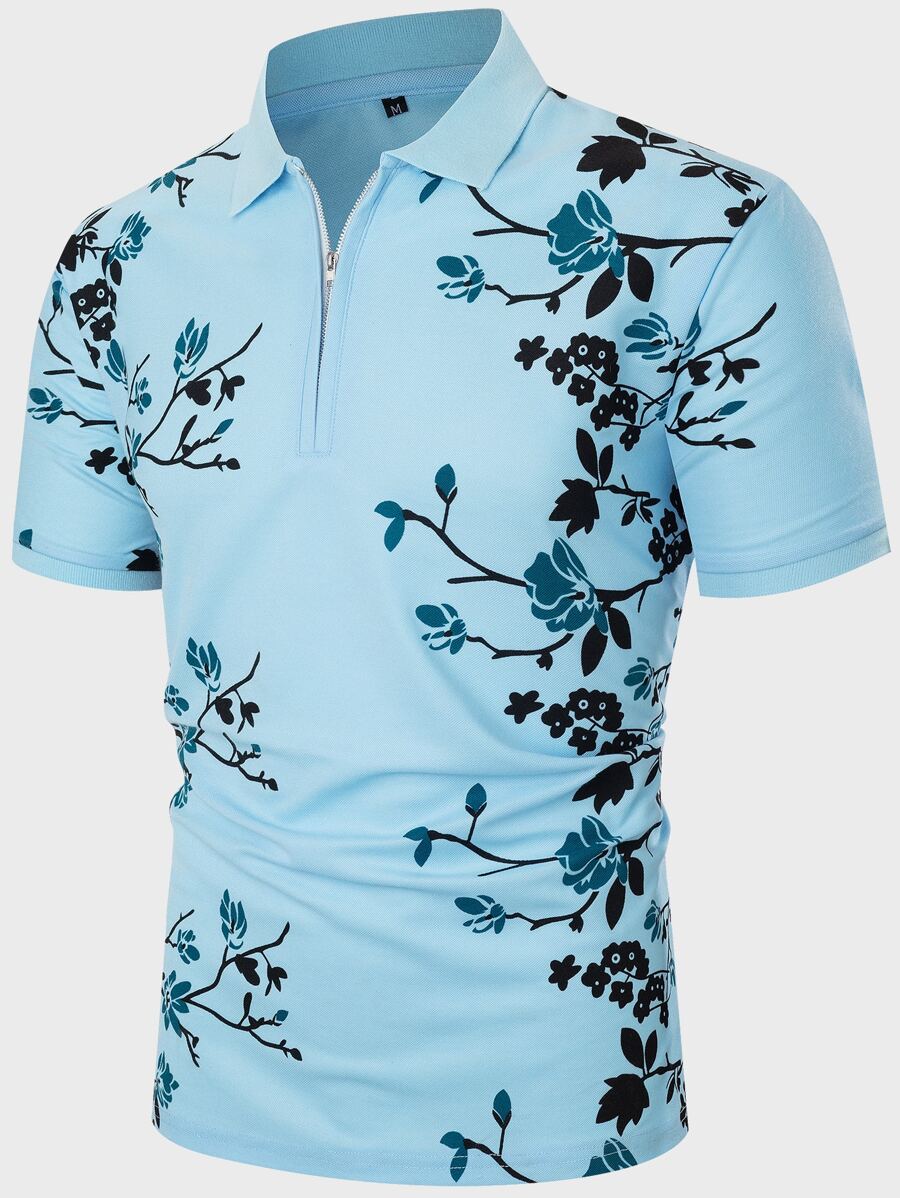 Manfinity Homme Áo thun có cổ Nam Dây kéo Hoa Giải trí - Màu xanh nhạt - Xem 1