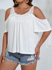 SHEIN VCAY Áo thun Plus size Tương phản ren màu trơn Giải trí - trắng - Xem 3