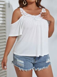 SHEIN VCAY Áo thun Plus size Tương phản ren màu trơn Giải trí - trắng - Xem 2