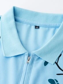 Manfinity Homme Áo thun có cổ Nam Dây kéo Hoa Giải trí - Màu xanh nhạt - Xem 4