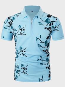 Manfinity Homme Áo thun có cổ Nam Dây kéo Hoa Giải trí - Màu xanh nhạt - Xem 5