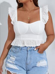 SHEIN VCAY 加大孔眼刺绣荷叶边夏季波西米亚风上衣 - 白色 - 查看 1