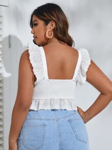 SHEIN VCAY 加大孔眼刺绣荷叶边夏季波西米亚风上衣 - 白色 - 查看 2