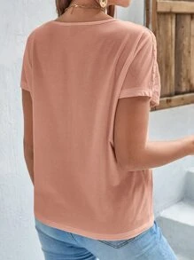 SHEIN Frenchy 蕾絲拼接蝙蝠袖T恤 - 珊瑚粉 - 查看 5