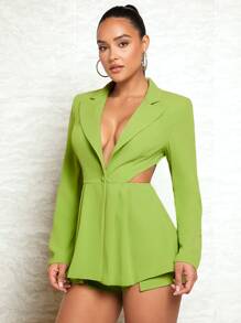 SHEIN BAE Bộ âu phục nữ Nút Cắt ra Chia màu trơn Thanh lịch - Màu xanh chanh - Xem 5