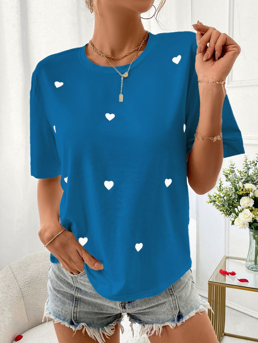 SHEIN Frenchy Camiseta de hombros caídos con estampado de corazón - Azul - Ver 1