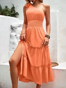 SHEIN VCAY 單肩打結荷葉邊連衣裙 - 橘色 - 查看 4